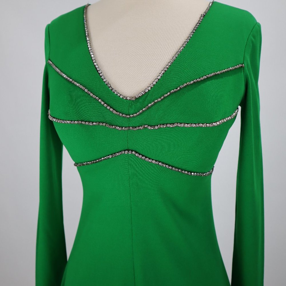 ❄️ Vintage 70's Emerald Green Silver Rhinestones Dress Party Cocktail Holiday